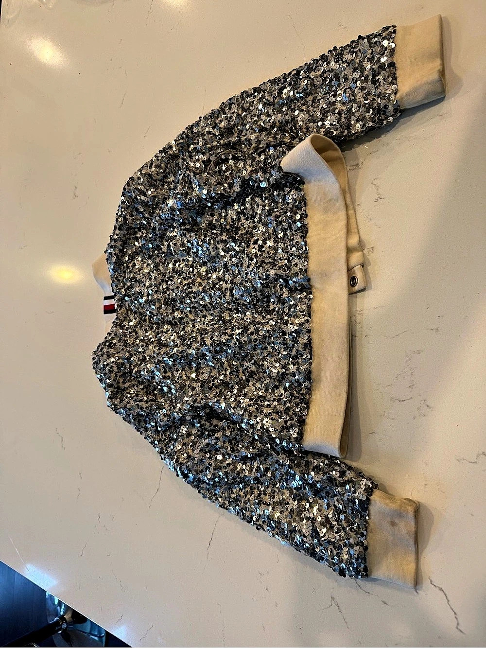Tommy Hilfiger kids Sequin Bomber Jacket in White & Silver Size Small